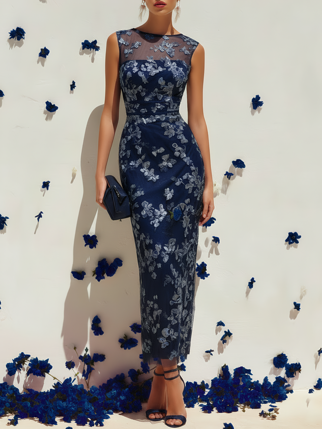 Purplish Blue Lace Applique Crew Neck Sleeveless Sheath Maxi Dress