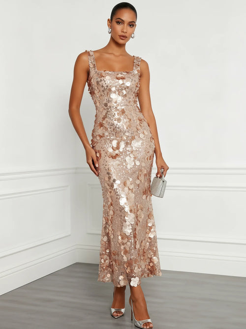 Champagne Glitter Sequin Square Neck Sleeveless Mermaid Midi Dress