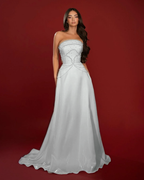 Satin Strapless Sleeveless High-Waisted Long A-Line Prom Dress With Beadings YK0662
