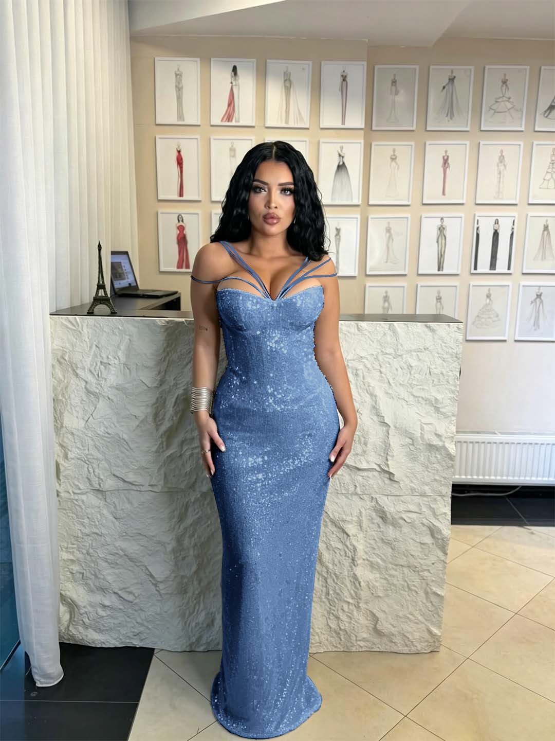 Cocoslly Spaghetti Straps Sleeveless High Waist Long Mermaid  Prom Dress | Brown Sequins YK0969
