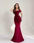 Cocoslly Square Neck Sleeveless High Waist Long Mermaid Prom Dress With Pleated | Burgundy Satin DB0128