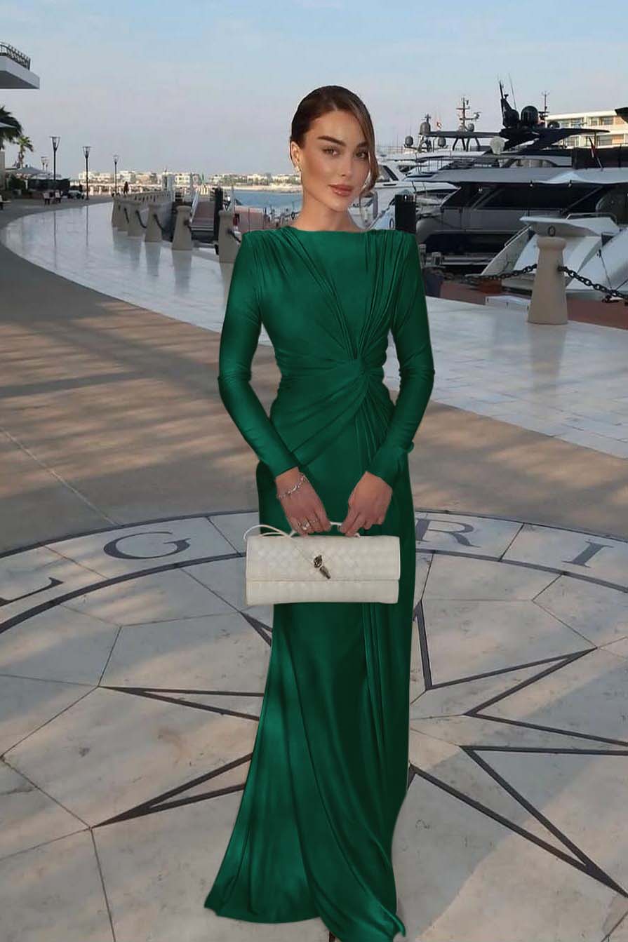 Chic Jewel Long Sleeves Mermaid Long Prom Dress With Pleated XJ0364