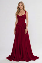 Cocoslly Spaghetti Straps Sleeveless High Waist Long Prom Dress With Appliques | Pink Satin