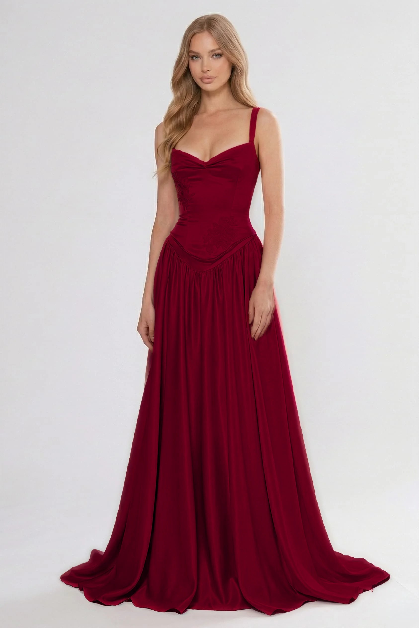 Cocoslly Spaghetti Straps Sleeveless High Waist Long Prom Dress With Appliques | Pink Satin