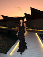 Cocoslly Spaghetti Straps Sleeveless High Waist Long Prom Dress With Ruffles | Black Chiffon CO0160