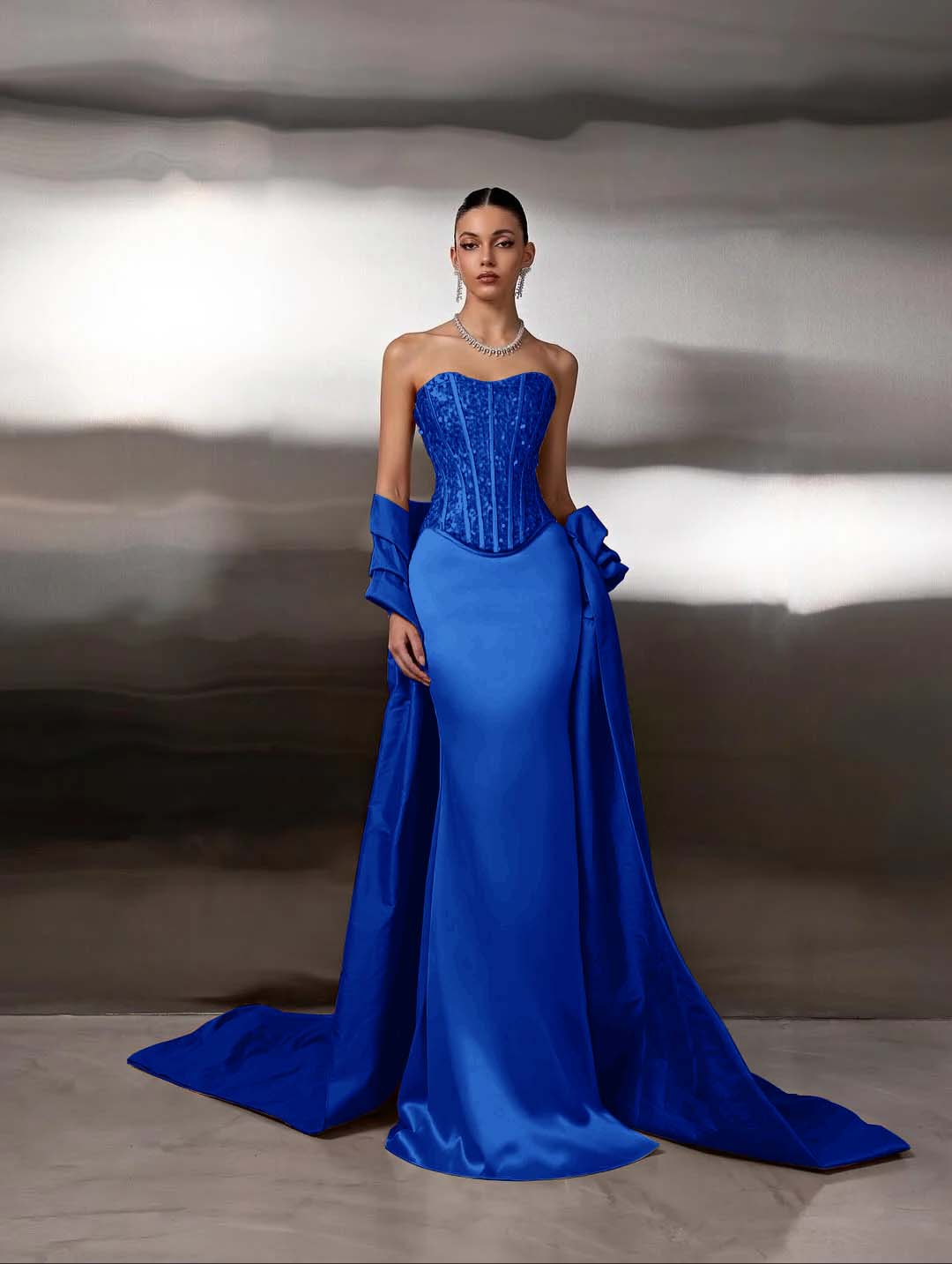 Satin Strapless Sleeveless Long Mermaid Prom Dress With Ruffles And Sequins YK0759