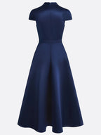 Navy Blue Satin Stand Collar Short Sleeve A-Line Maxi Dress