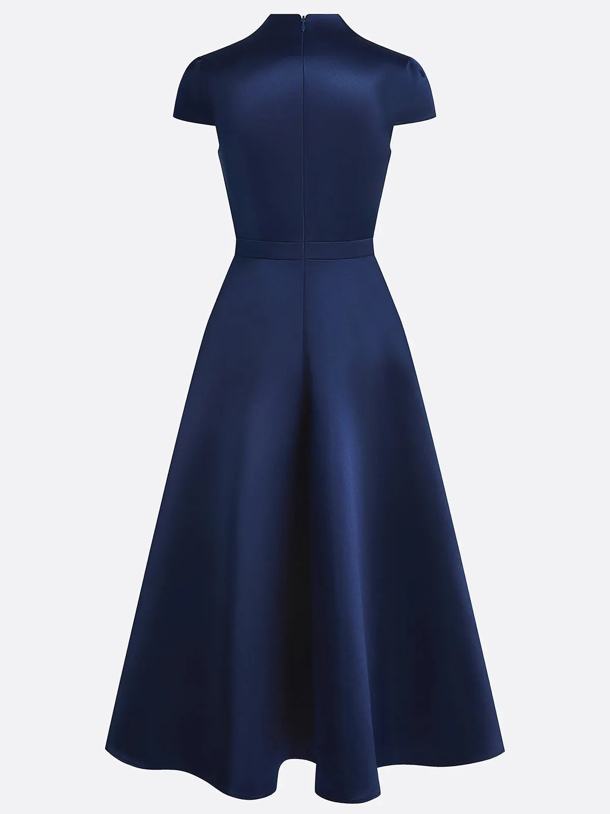 Navy Blue Satin Stand Collar Short Sleeve A-Line Maxi Dress
