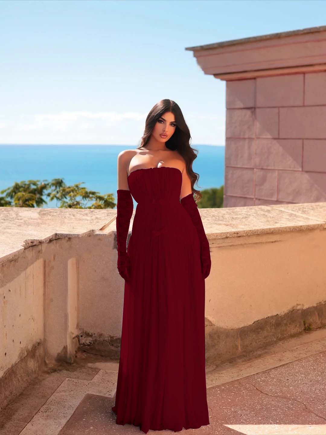 Chiffon Strapless Sleeveless Long Pleated A-Line Prom Dress With Bows And Gloves YK0680