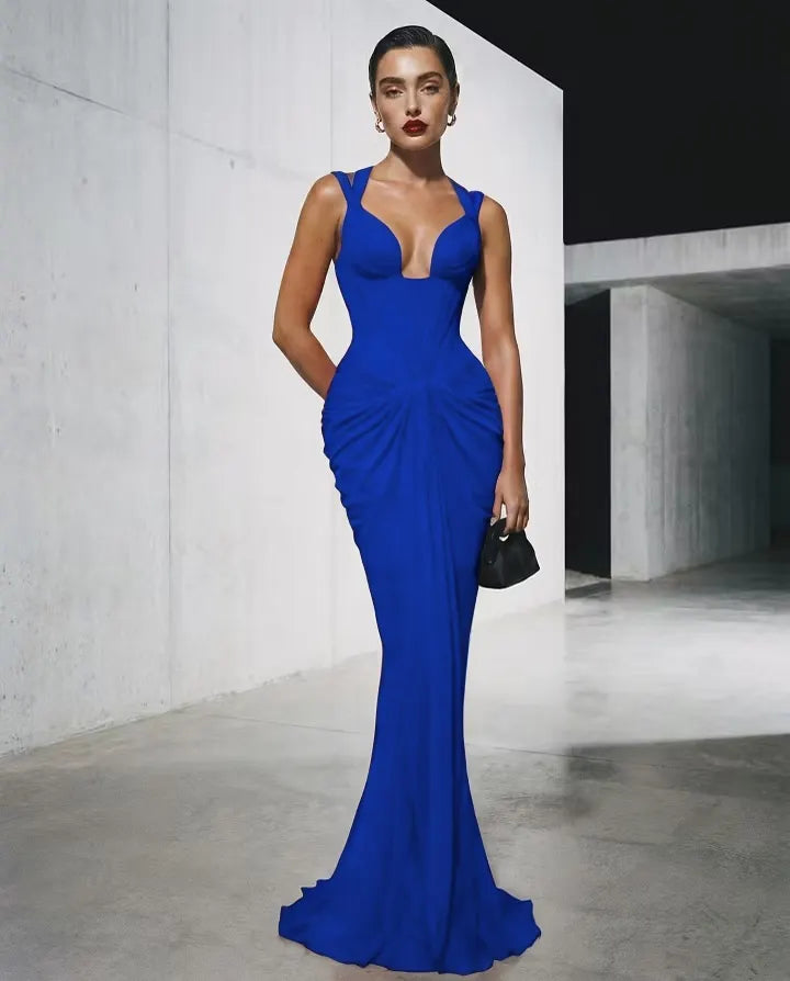 Cocoslly Spaghetti Straps Sleeveless High Waist Long Mermaid Prom Dress With Pleated | Red Satin LX0112