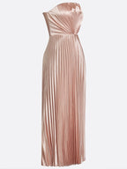 Rose Gold Pink Pleated Satin Strapless Sleeveless A-Line Midi Dress