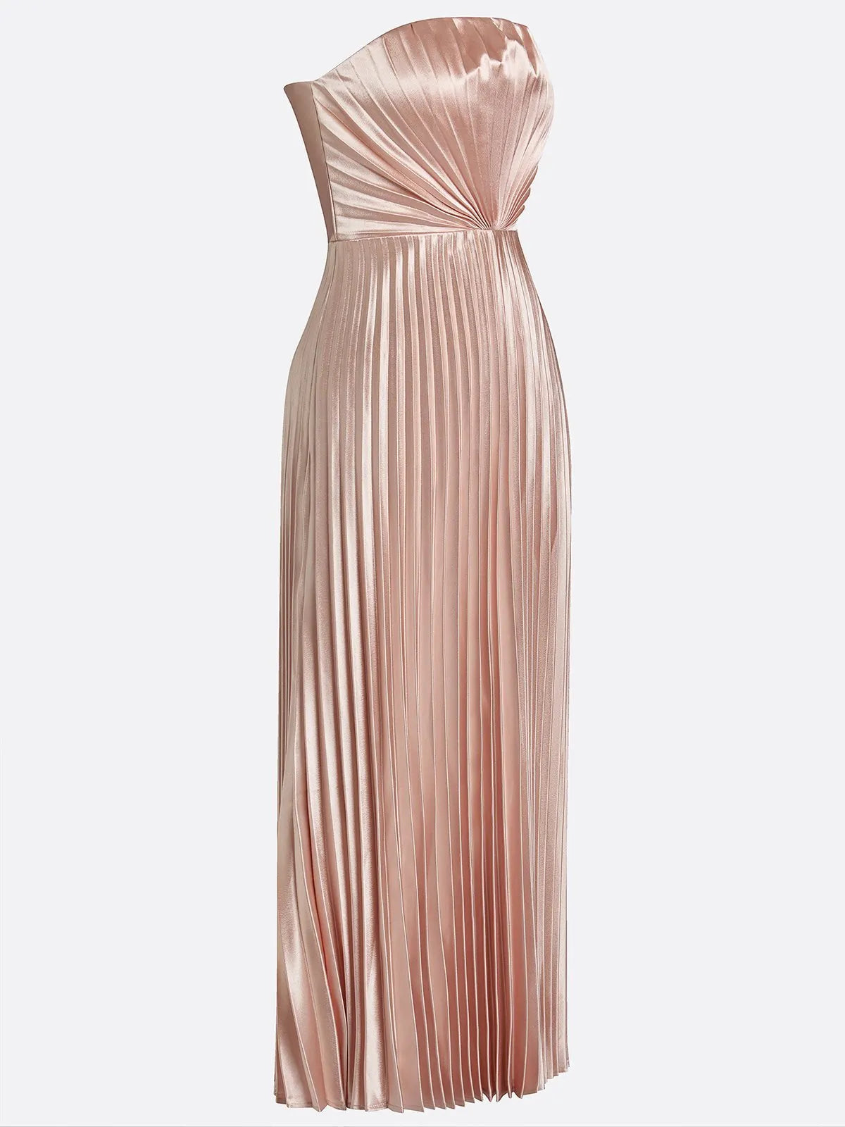 Rose Gold Pink Pleated Satin Strapless Sleeveless A-Line Midi Dress
