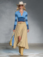 Retro Blue Striped Polo Knit Top And Khaki Maxi Skirt Set