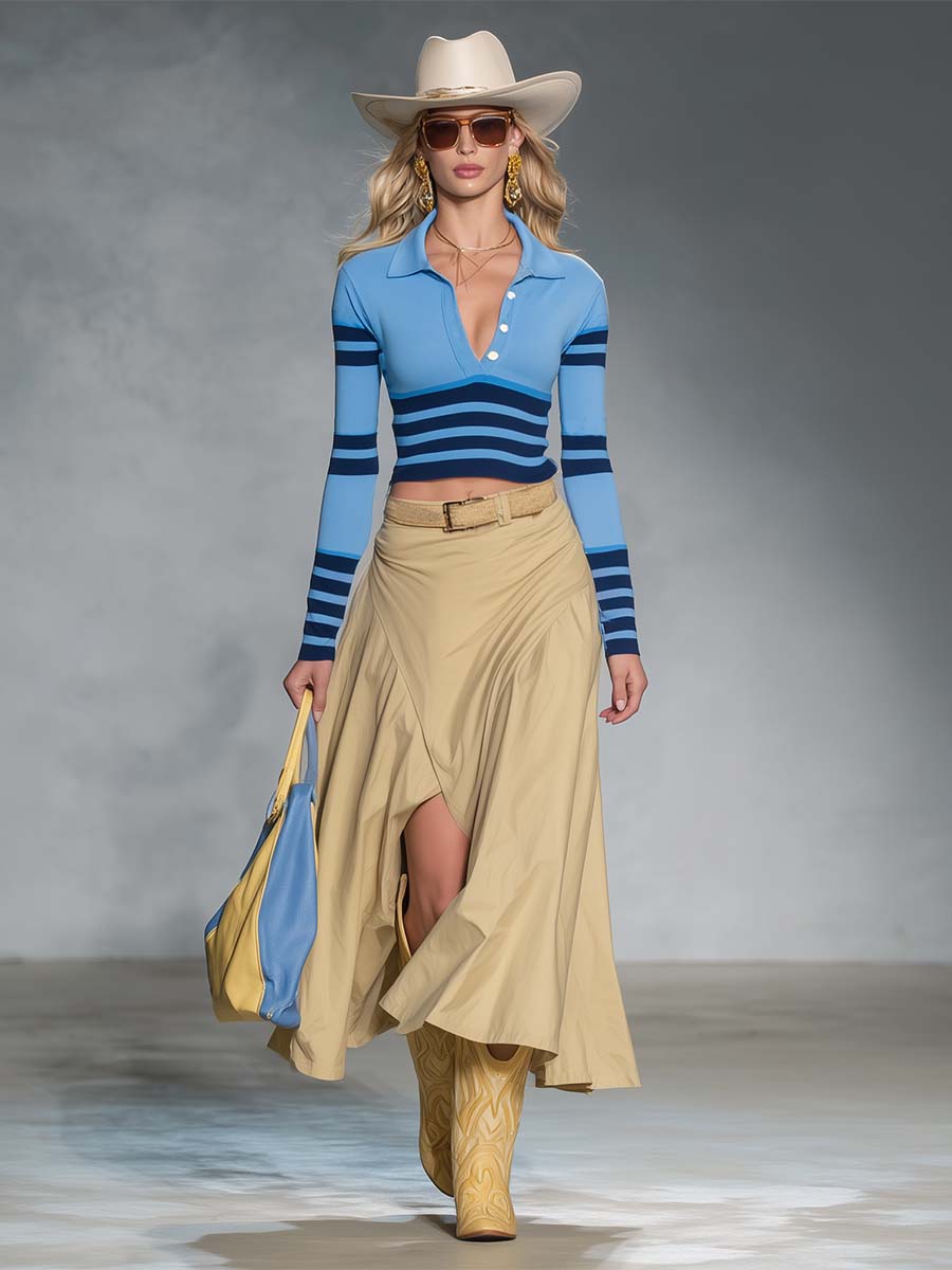 Retro Blue Striped Polo Knit Top And Khaki Maxi Skirt Set