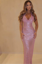 Sequin Halter Sleeveless Long Mermaid Prom Dress With Pleated WQ0091
