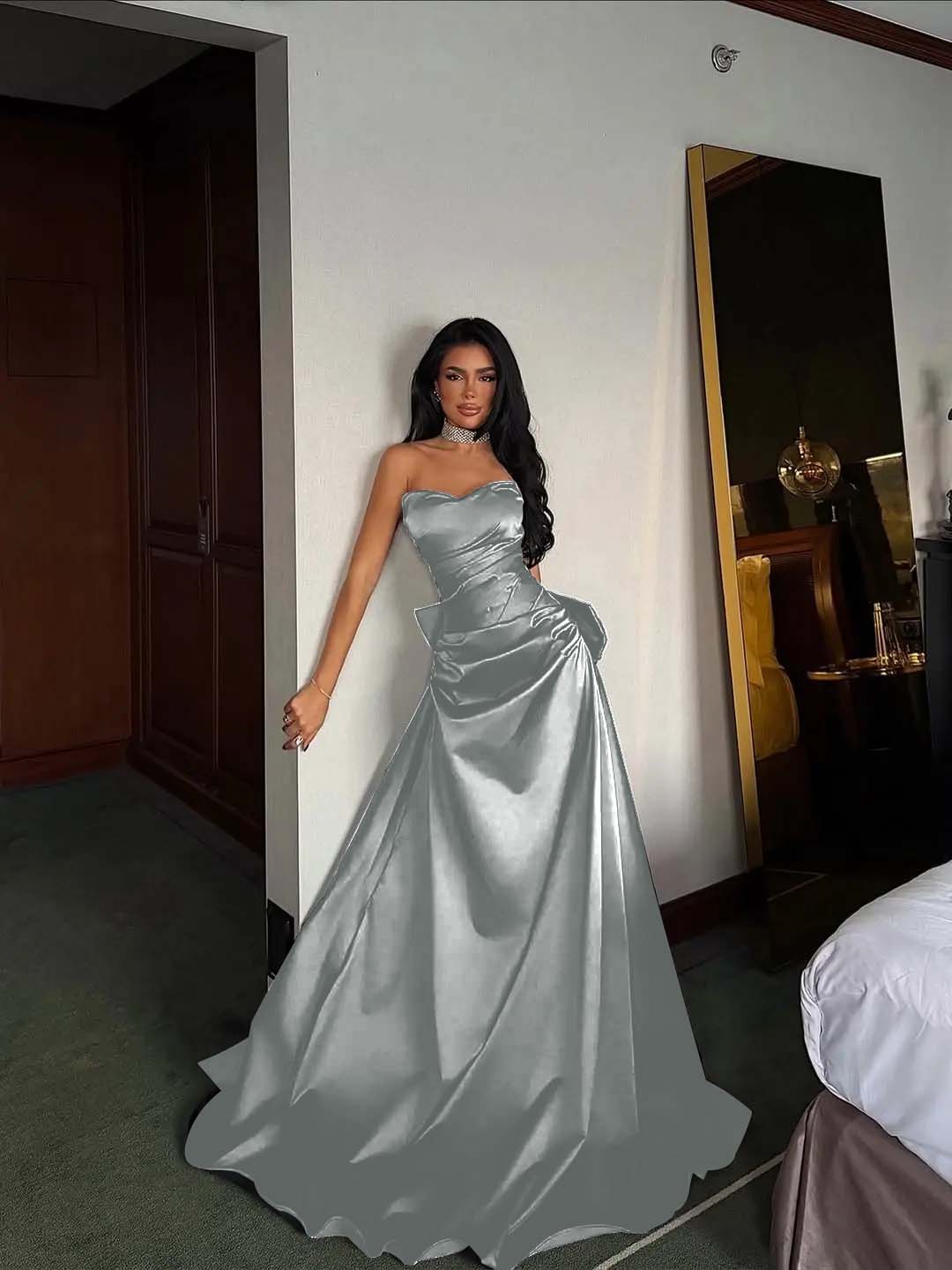 Black Satin Sweetheart Strapless Sleeveless Long A-Line Prom Dress With Pleated YK0695