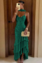 Cocoslly Spaghetti Straps Sleeveless High Waist Long Prom Dress With Ruffles And Sequins | Sage Chiffon LR0491