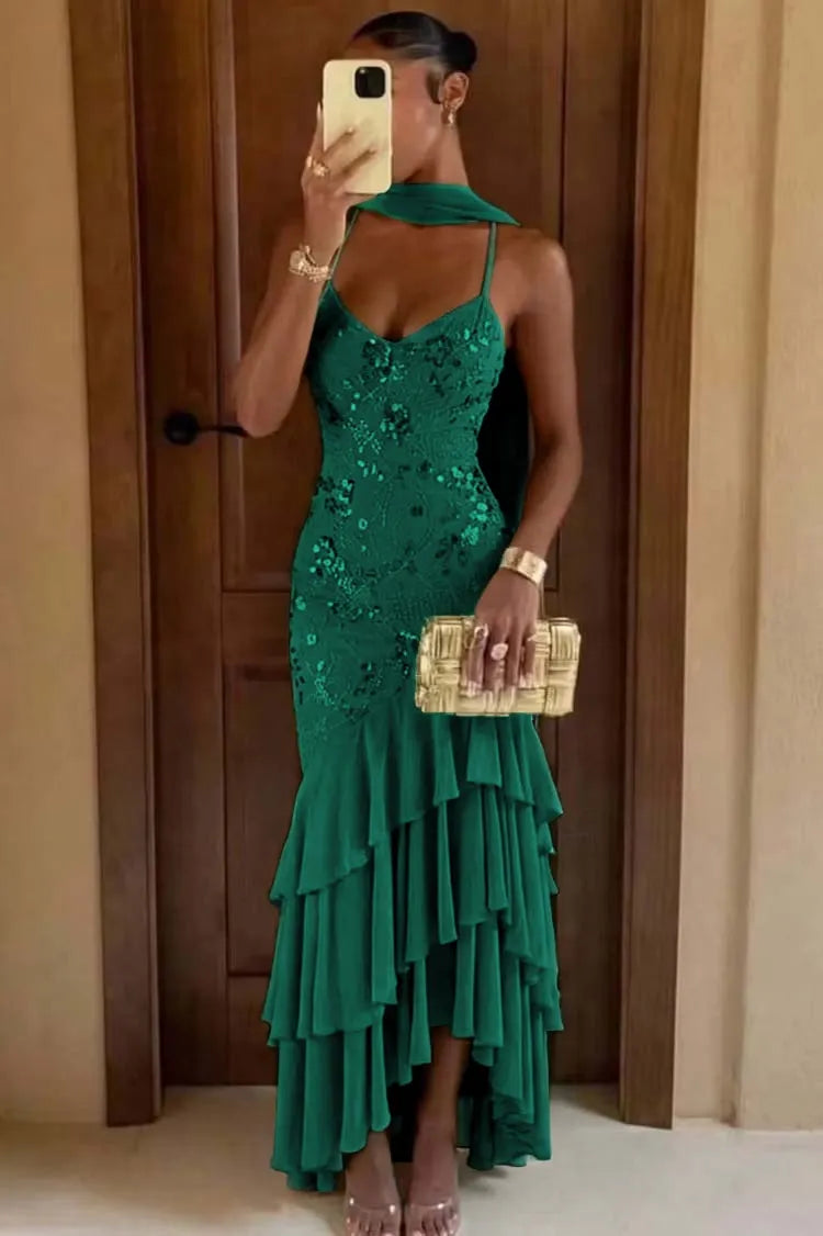 Cocoslly Spaghetti Straps Sleeveless High Waist Long Prom Dress With Ruffles And Sequins | Sage Chiffon LR0491