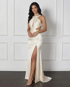 Cocoslly Halter Sleeveless High Waist Long Prom Dress With Split And Pleated | White Satin LX0111