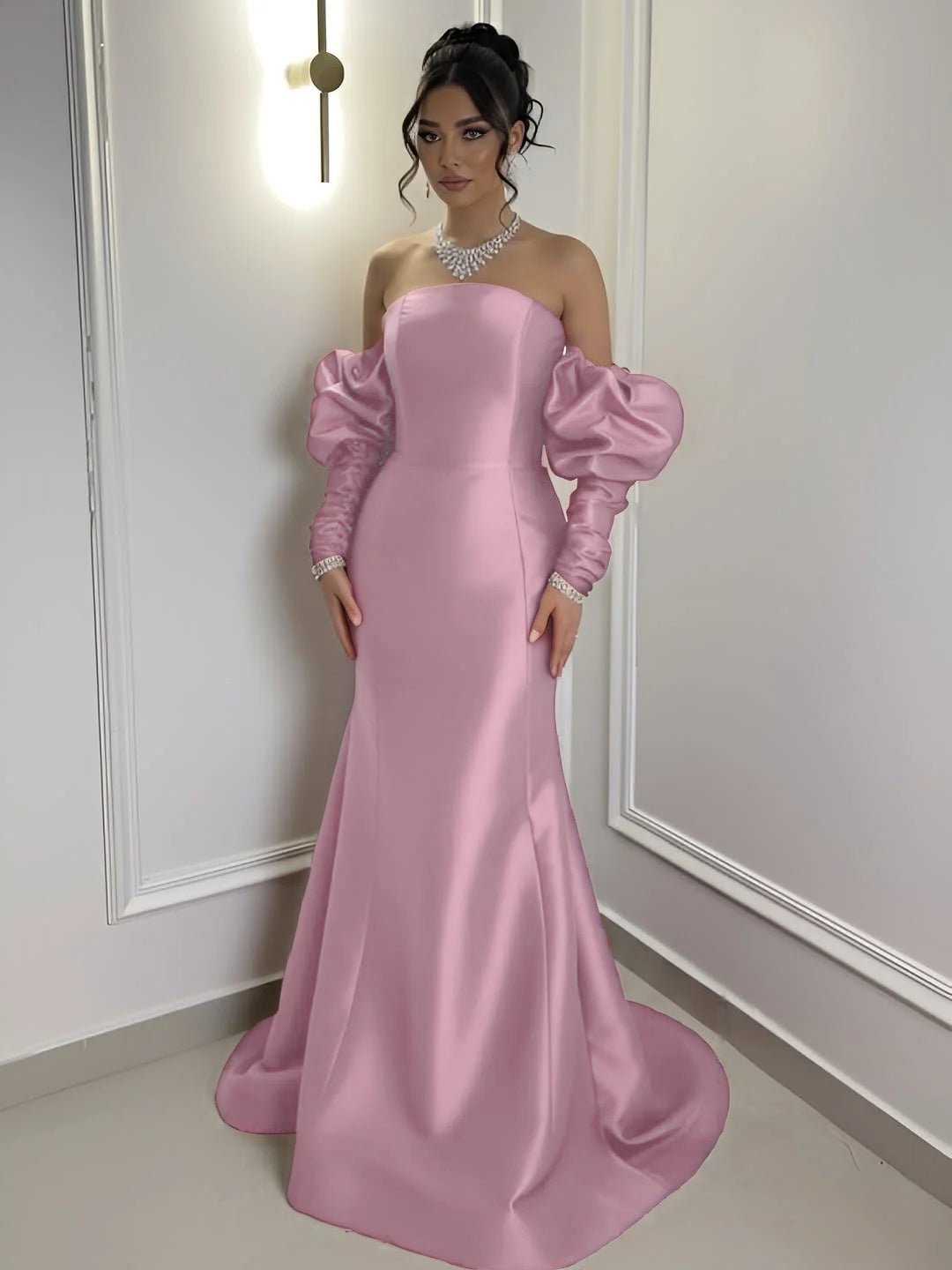 Burgundy Satin Strapless Bubble Sleeves Long Mermaid Prom Dress With Pleated YK0710