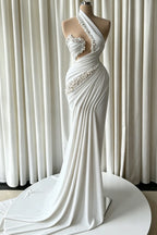 Cocoslly One Shoulder Sleeveless High Waist Long Mermaid Prom Dress With Pearls | Dusty Blue Satin JZ0162