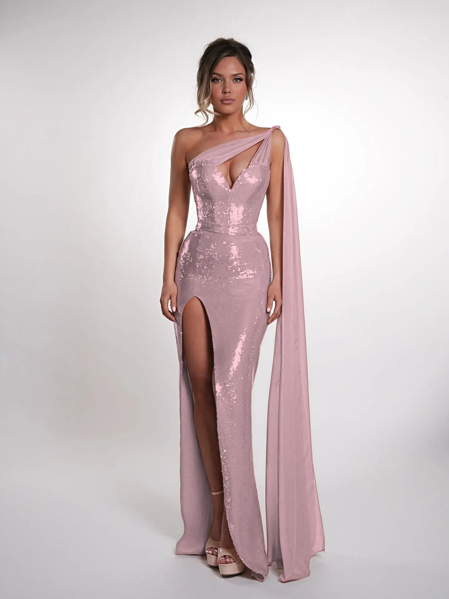 Cocoslly One Shoulder Sleeveless High Waist Long Prom Dress With Deep Split | Nude Sequins JZ0150