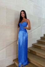 Cocoslly Spaghetti Straps Sleeveless Long Prom Dress With Beadings Tassel | Gold Beaded-Embroidered ZA0298