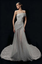 Cocoslly One Shoulder Sleeveless High Waist Long Prom Dress With Sequins | White Tulle YC0569