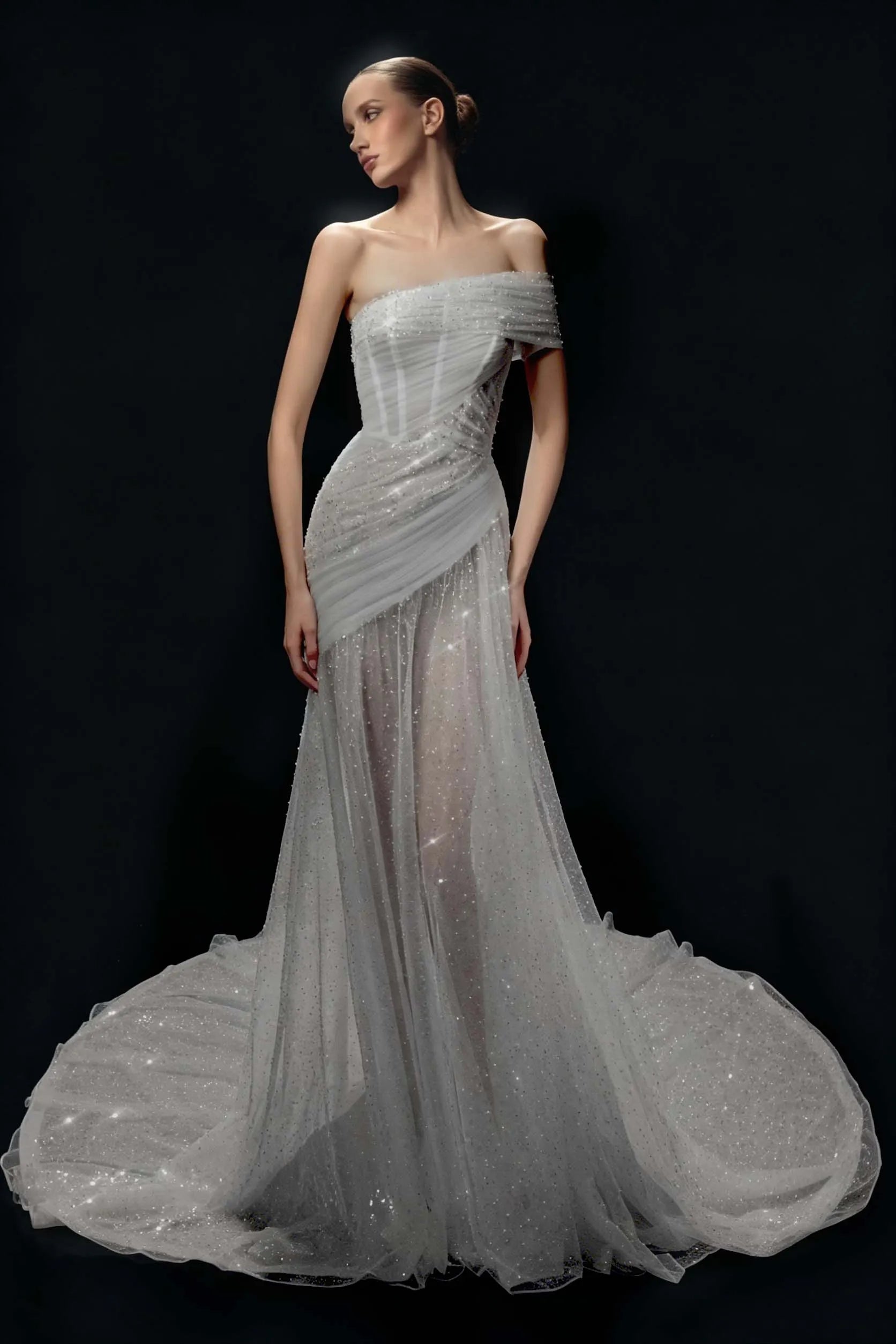 Cocoslly One Shoulder Sleeveless High Waist Long Prom Dress With Sequins | White Tulle YC0569