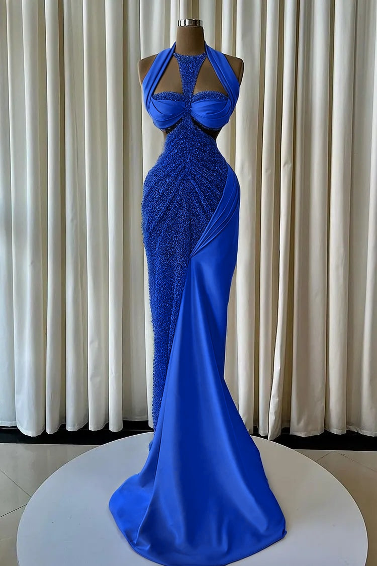 Cocoslly Halter Sleeveless High Waist Long Mermaid Prom Dress With Beading Pearls | Blush Champagne Satin JZ0163