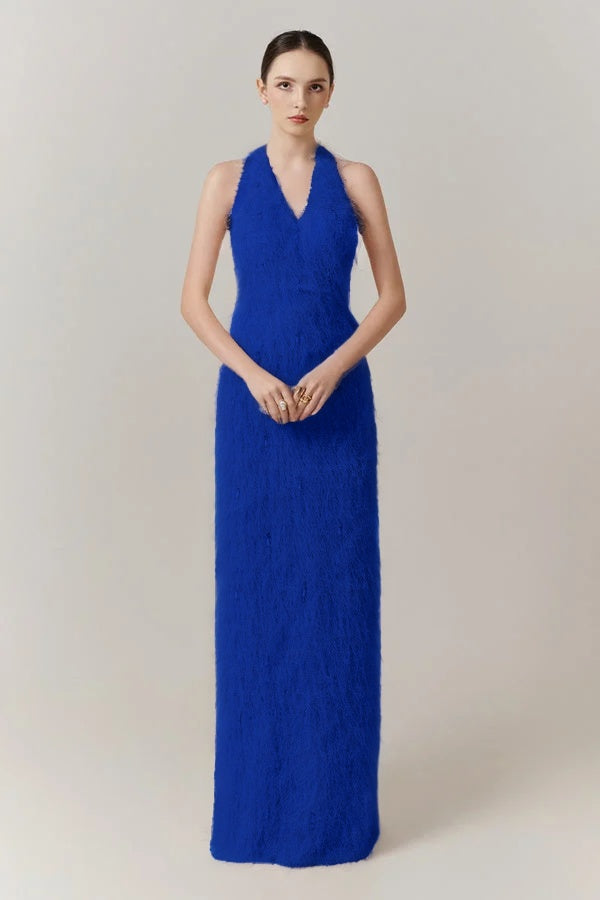 Cocoslly Halter Sleeveless High Waist Long Prom Dress With Tassel | Blushing Pink Feather JZ0095