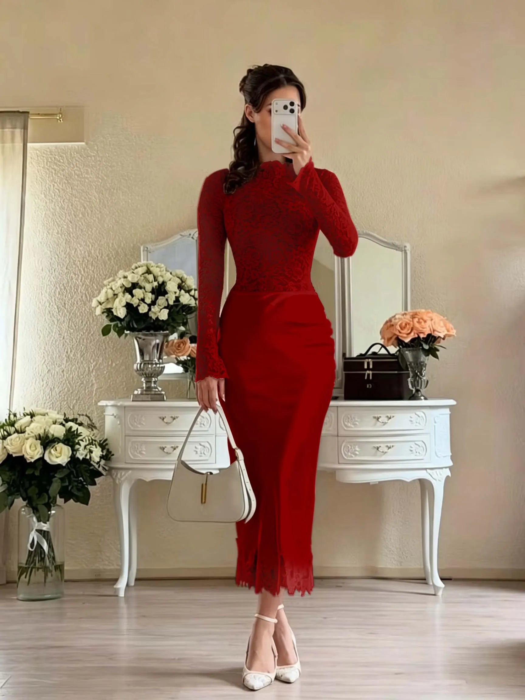 Cocoslly Long Sleeves High Waist Long Mermaid Prom Dress | White Lace And Satin JZ0165