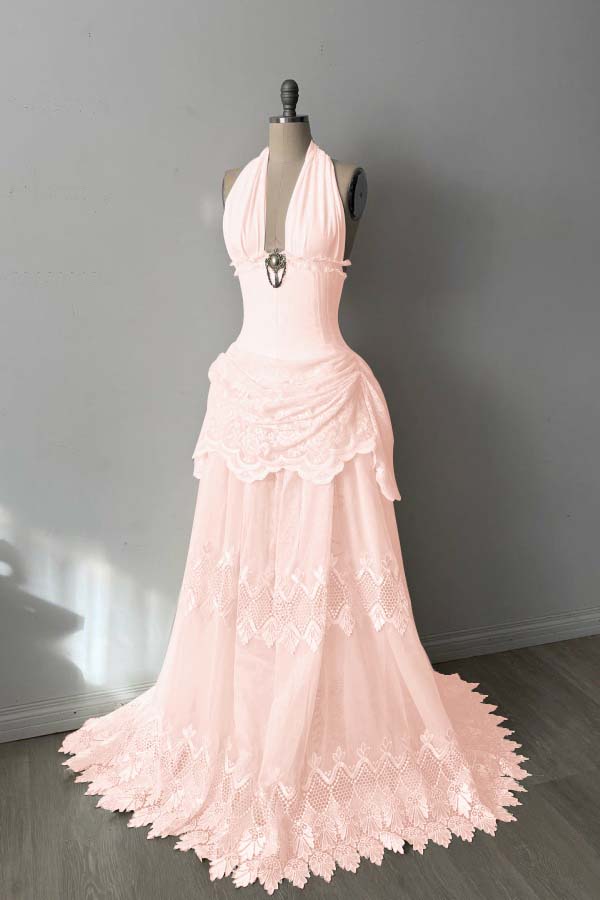 Lace And Tulle Halter Neck Strapless Sleeveless Long Mermaid Prom Dress With Pleated WQ0665