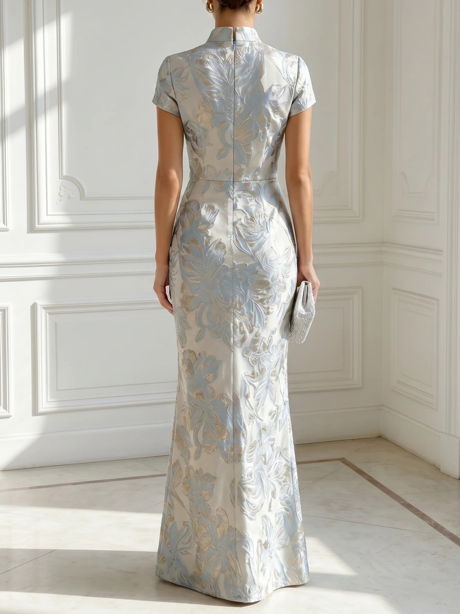 Light Blue Jacquard Classic V Neck Short Sleeve Mermaid Floor-length Gown Dress