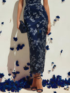 Purplish Blue Lace Applique Crew Neck Sleeveless Sheath Maxi Dress