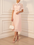 Pink Pleated Classic Shirt Collar Short Sleeve A-Line Midi Dress