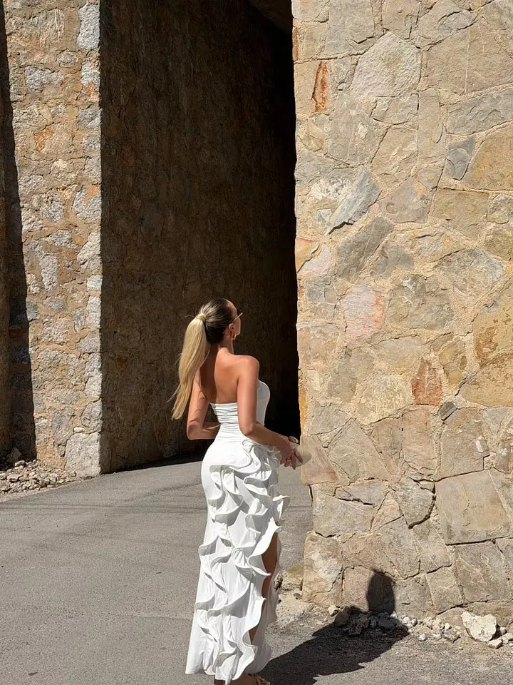Cocoslly Strapless Sleeveless High Waist Long Mermaid Prom Dress With Ruffles And Split | White Satin LX0101