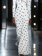 White Polka Dots Deep V Neck Long Sleeve A-Line Maxi Dress