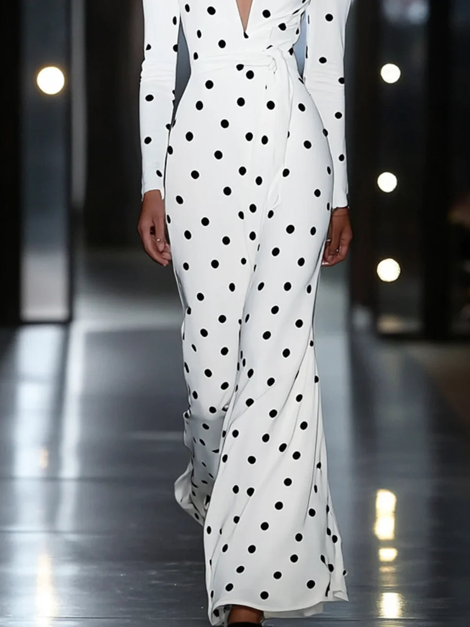 White Polka Dots Deep V Neck Long Sleeve A-Line Maxi Dress