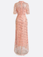 Peach Mesh Lace Crew Neck Half Sleeve Sheath Gown Dress