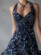 Retro Classic Floral Print Navy Blue Chiffon Sleeveless Maxi Dress