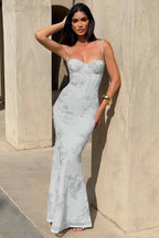 Cocoslly Spaghetti Straps Sleeveless High Waist Long Mermaid Prom Dress With Appliques | Daffodil Satin LR0425