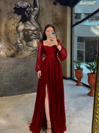 Lace Square Neck  Lantern Long Sleeves Long A-Line Pleated Prom Dress With Split And Corset YK0413