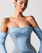 Cocoslly Strapless Sleeveless Long Mermaid Prom Dress With Gloves And Rhinstone | Blue Satin CO0033