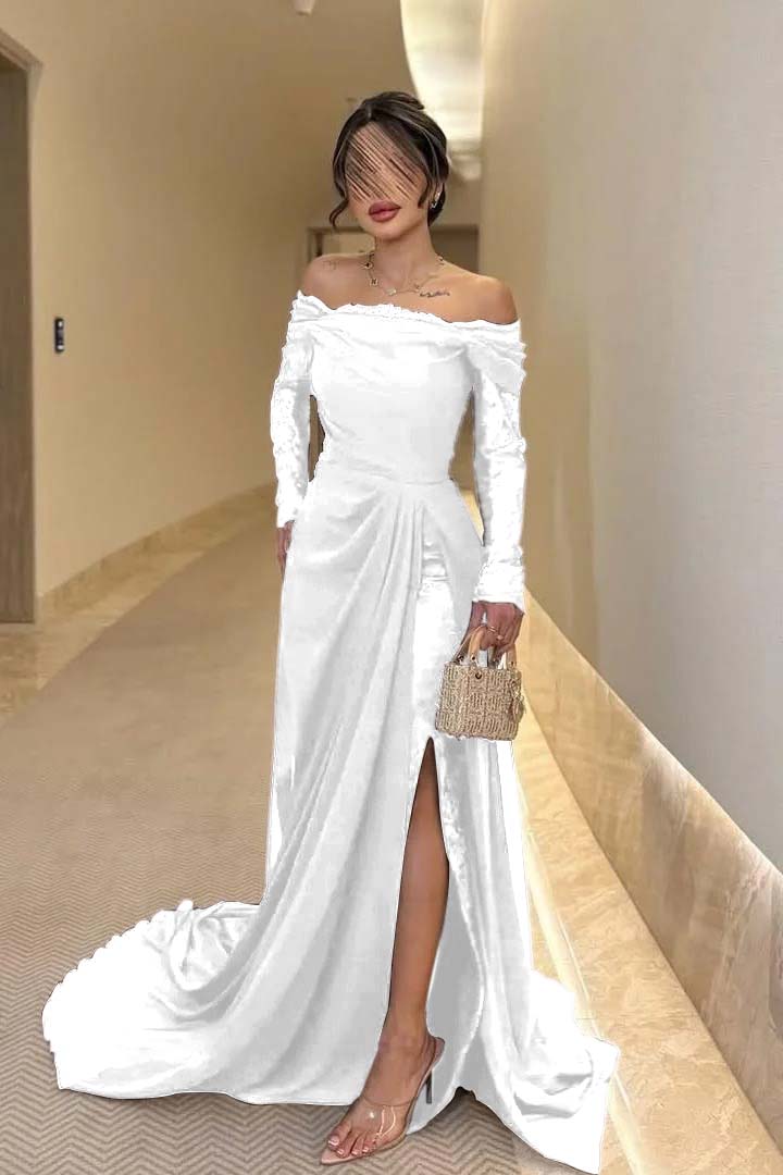 Off the Shoulder Long Sleeves Long Split Prom Dress With Pleated WQ0009