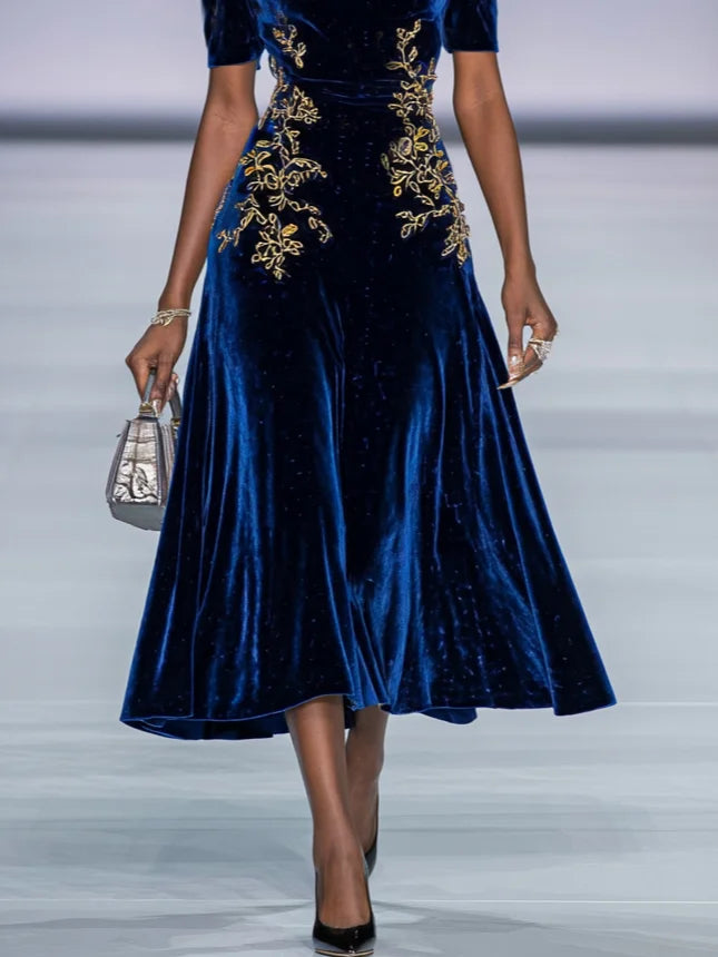Deep Blue Applique Gathered Velvet Off The Shoulder Half Sleeve A-Line Midi Dress
