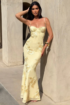 Cocoslly Spaghetti Straps Sleeveless High Waist Long Mermaid Prom Dress With Appliques | Daffodil Satin LR0425