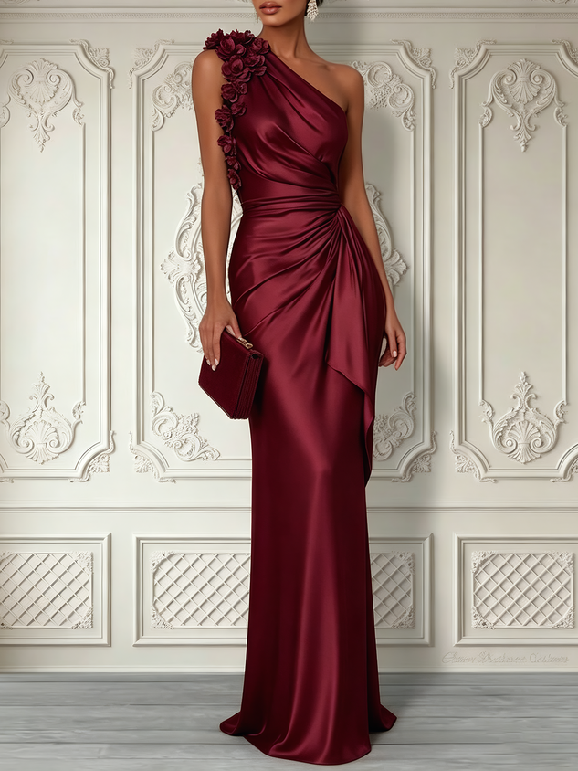 Burgundy 3D Floral Ruched Satin One Shoulder Sleeveless Sheath Floor-length Gown Dress