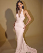 Halter Deep V Neck Sleeveless Long Mermaid Prom Dress With Pleated YK0260
