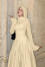 Cocoslly High Neck Long Sleeves High Waist Long Prom Dress With Hat | Burgundy Satin LR0513